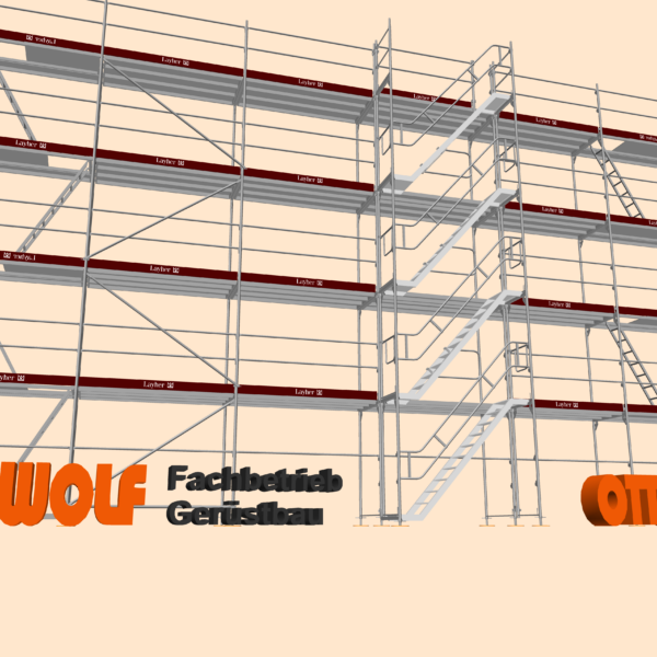 Detailliertes 3D-CAD-Rendering eines Fassadengerüsts an einem Gebäude – Digitale Gerüstplanung und Visualisierung durch Otto Wolf