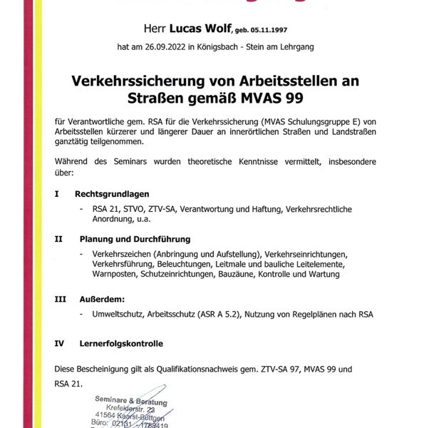 "Bescheinigung über den Qualifikationsnachweis zur Verkehrssicherung von Arbeitsstellen an Straßen (MVAS 99 / RSA 21) für Lucas Wolf – Otto Wolf Gerüstbau Pforzheim