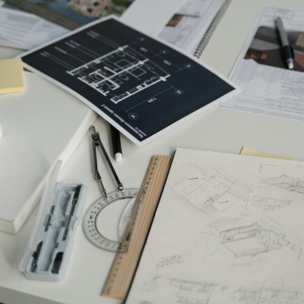 Schreibtisch mit Bauplänen und Zeichenutensilien – Sorgfältige Arbeitsvorbereitung und technische Prüfung bei Otto Wolf Gerüstbau" (Verknüpft "Baupläne" mit "Arbeitsvorbereitung