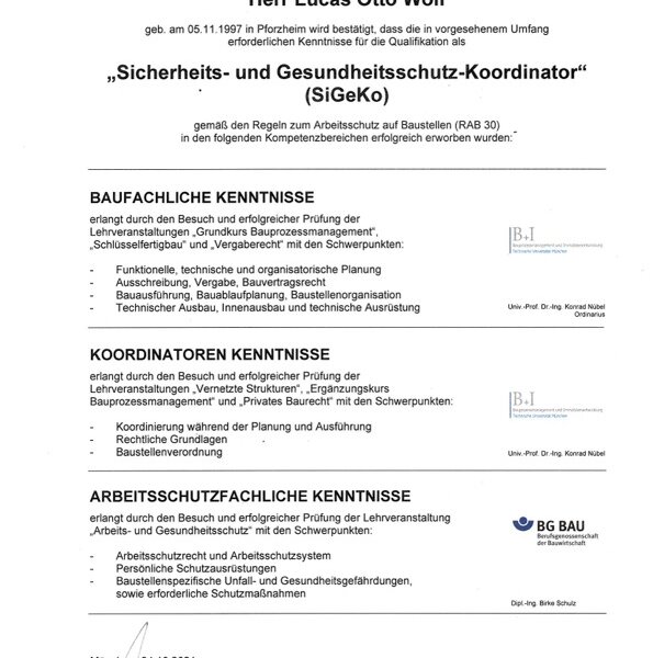 Zertifikat SiGeKo (Sicherheits- und Gesundheitsschutzkoordinator) nach RAB 30 für Lucas Wolf – Höchste Kompetenz für Baustellensicherheit bei Otto Wolf Pforzheim