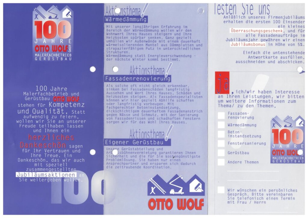 Historischer Flyer zum 100-jährigen Firmenjubiläum von Otto Wolf Gerüstbau (1996) – Dokumentation einer langen Handwerkstradition in Pforzheim