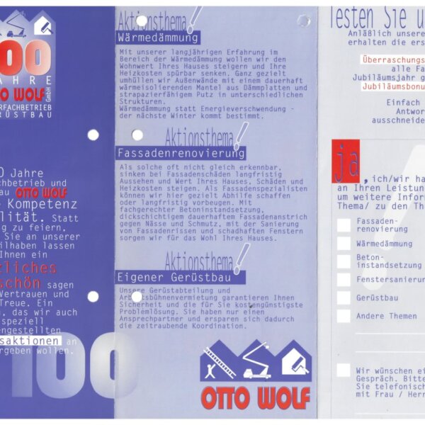 Historischer Flyer zum 100-jährigen Firmenjubiläum von Otto Wolf Gerüstbau (1996) – Dokumentation einer langen Handwerkstradition in Pforzheim