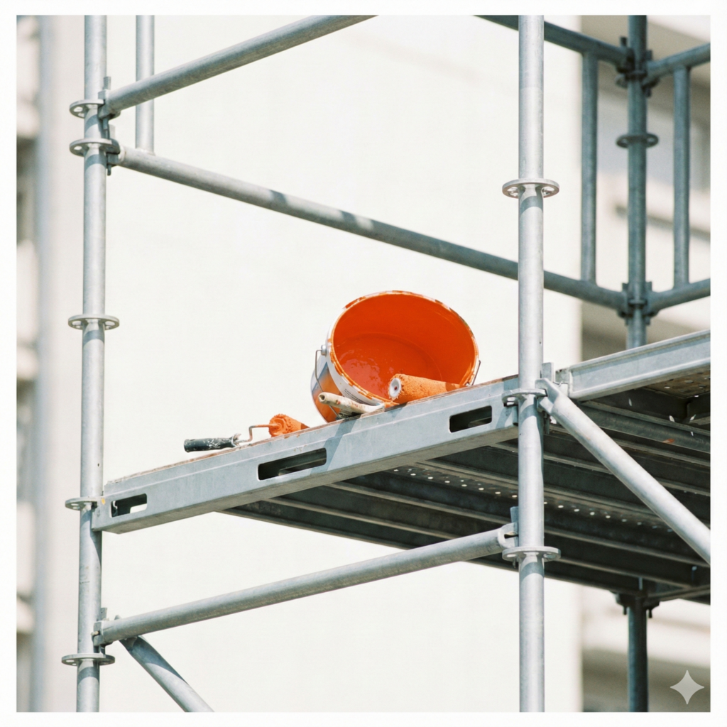 Modernes Stahlgerüst mit Farbeimer in Reinorange auf einer Baustelle – Symbol für Gerüstbau und Malerarbeiten aus einer Hand bei Otto Wolf Pforzheim